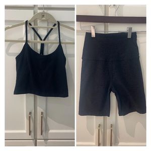 Beyond Yoga Spacedye Biker Short and Slim Tank Set. color Darkest Night. Size S